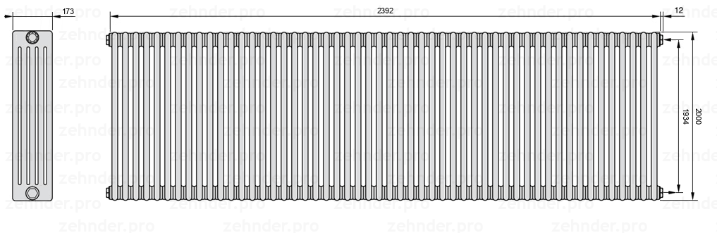 Схема (чертеж) Радиатор Zehnder Charleston 5200/52 №7610 Белый глянцевый RAL 9016